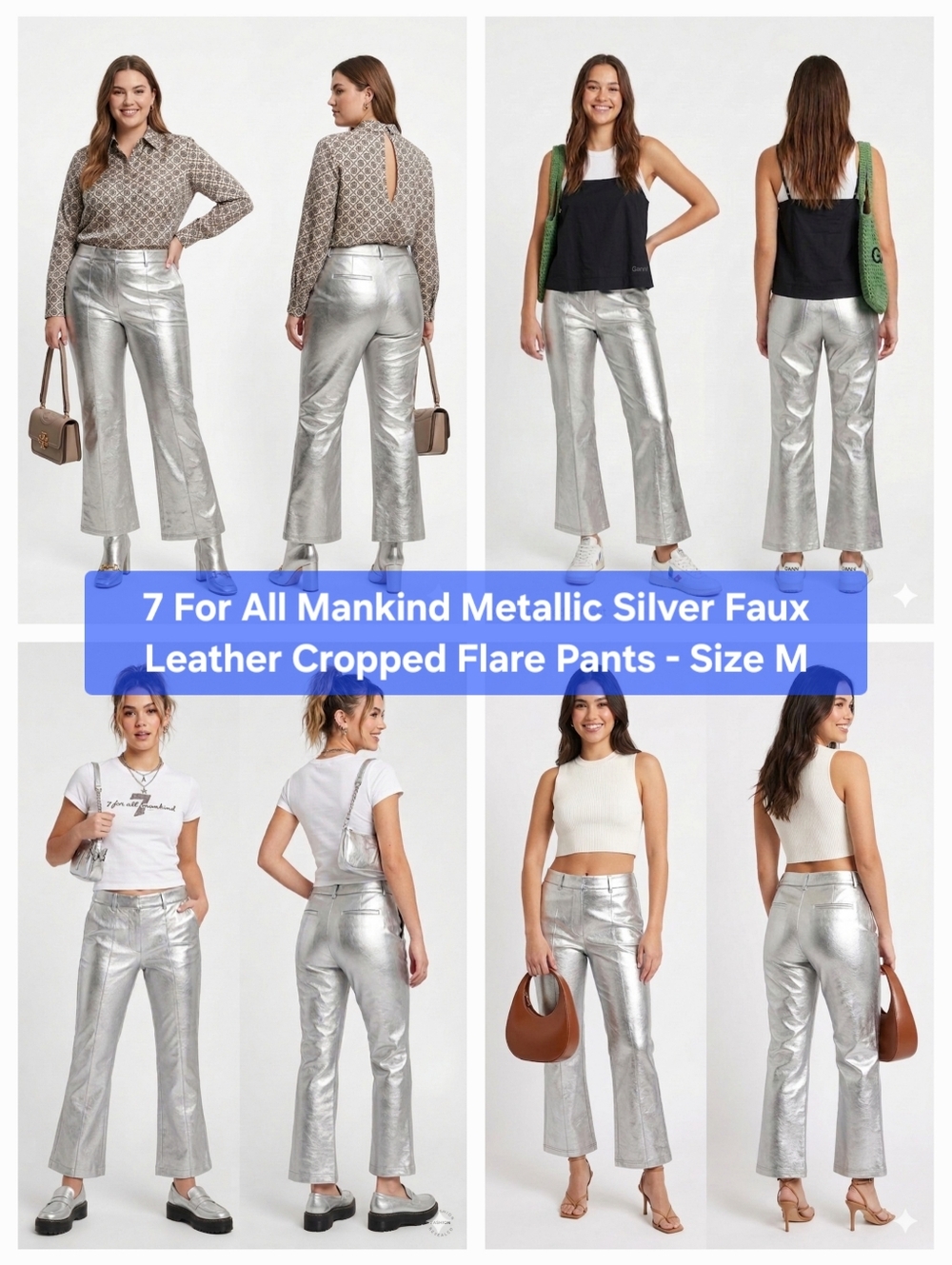 7 For All Mankind Metallic Silver Faux Leather Cropped Flare Pants - Size M - Picture 1 of 10